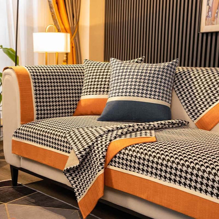 Classic Houndstooth Print Chenille Non-slip Anti-Slip Couch Cover