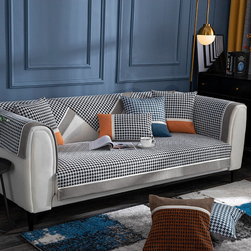 Classic Houndstooth Print Chenille Non-slip Anti-Slip Couch Cover