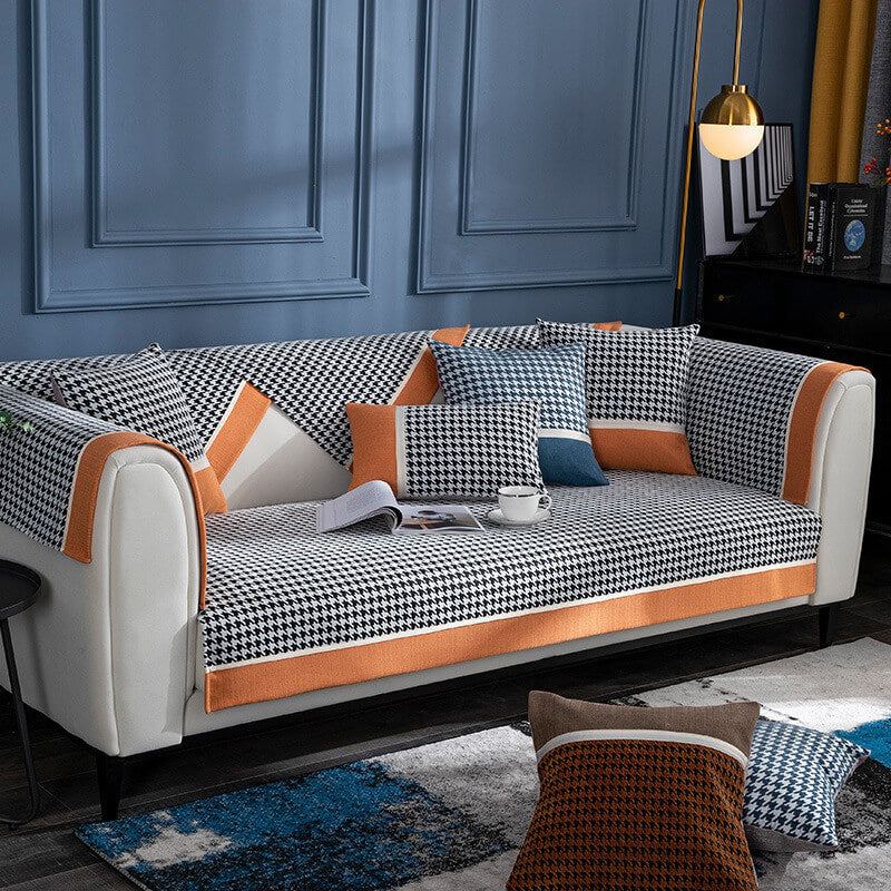 Classic Houndstooth Print Chenille Non-slip Anti-Slip Couch Cover