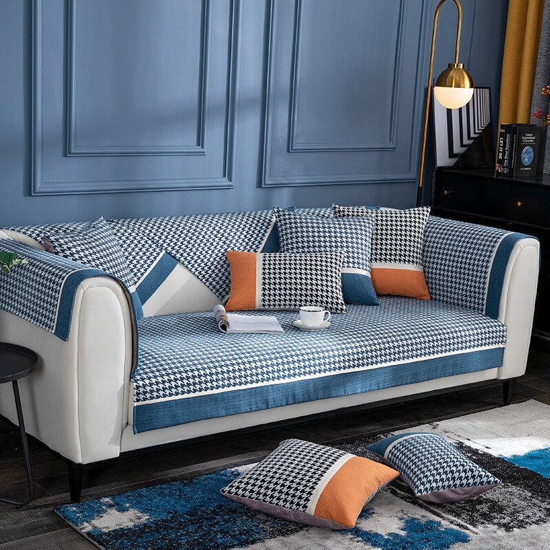 Classic Houndstooth Print Chenille Non-slip Anti-Slip Couch Cover