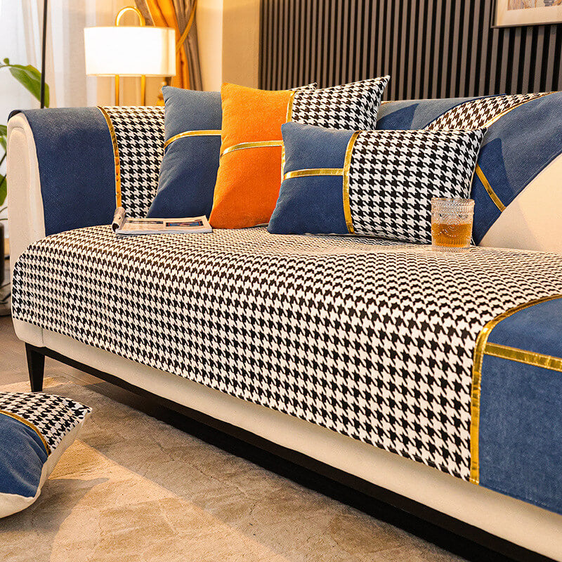 Classic Houndstooth Print Chenille Non-slip Anti-Slip Couch Cover