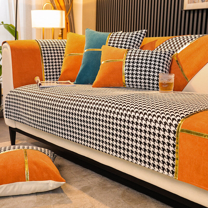 Classic Houndstooth Print Chenille Non-slip Anti-Slip Couch Cover