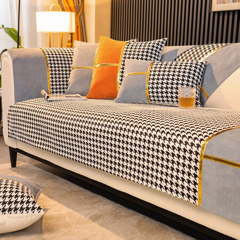 Classic Houndstooth Print Chenille Non-slip Anti-Slip Couch Cover