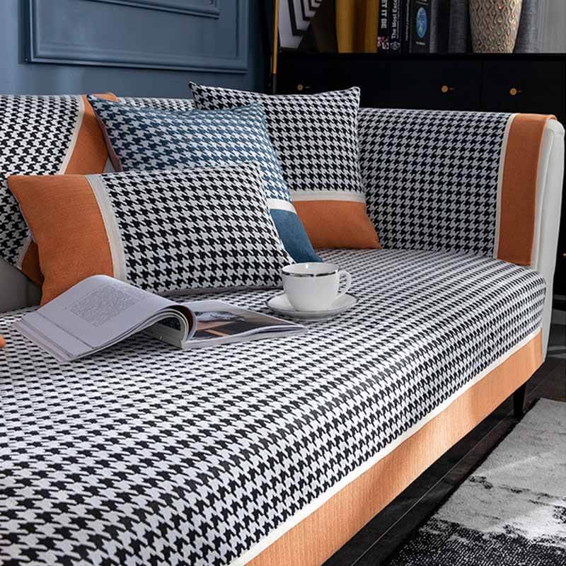 Classic Houndstooth Print Chenille Non-slip Anti-Slip Couch Cover