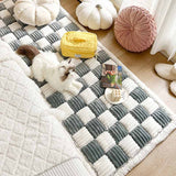 Cream-colored Large Plaid Square Fuzzy Pet Dog Mat Bed Comfy Couch Cover
