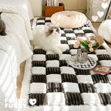 Cream-colored Large Plaid Square Fuzzy Pet Dog Mat Bed Comfy Couch Cover
