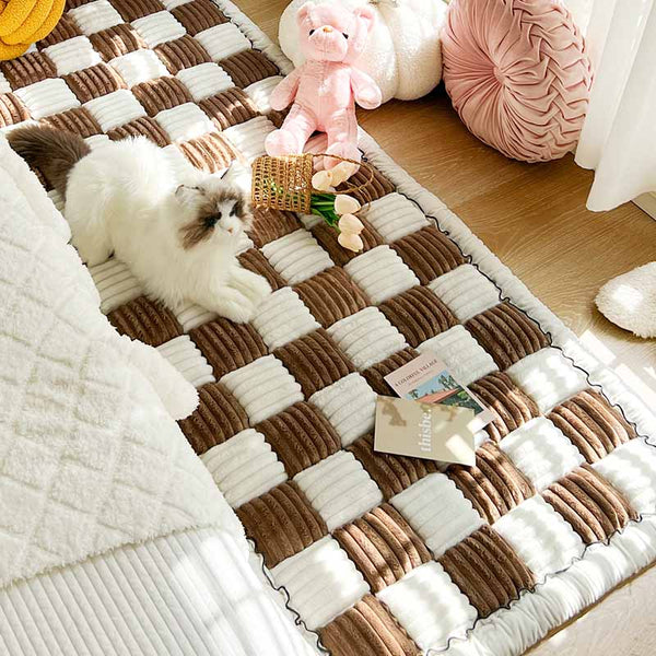 Cream-colored Large Plaid Square Fuzzy Pet Dog Mat Bed Comfy Couch Cover