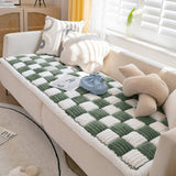 Cream-colored Large Plaid Square Fuzzy Pet Dog Mat Bed Comfy Couch Cover
