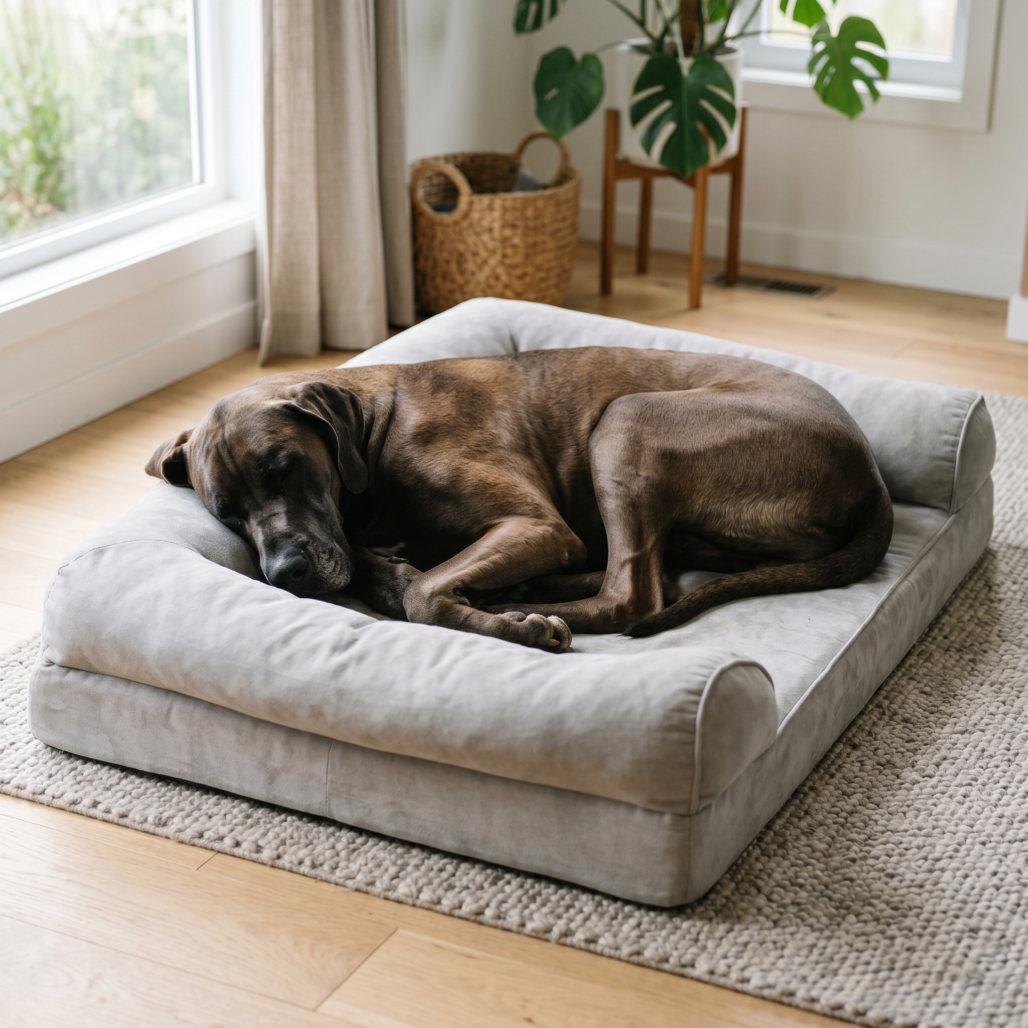 Gray orthopedic bolster dog bed with large dog resting