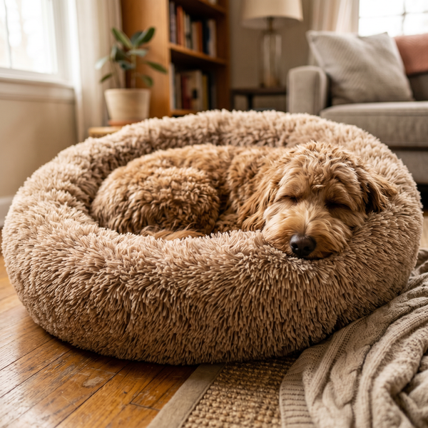 Fluffy dog nestled in a warm tan plush calming donut dog bed