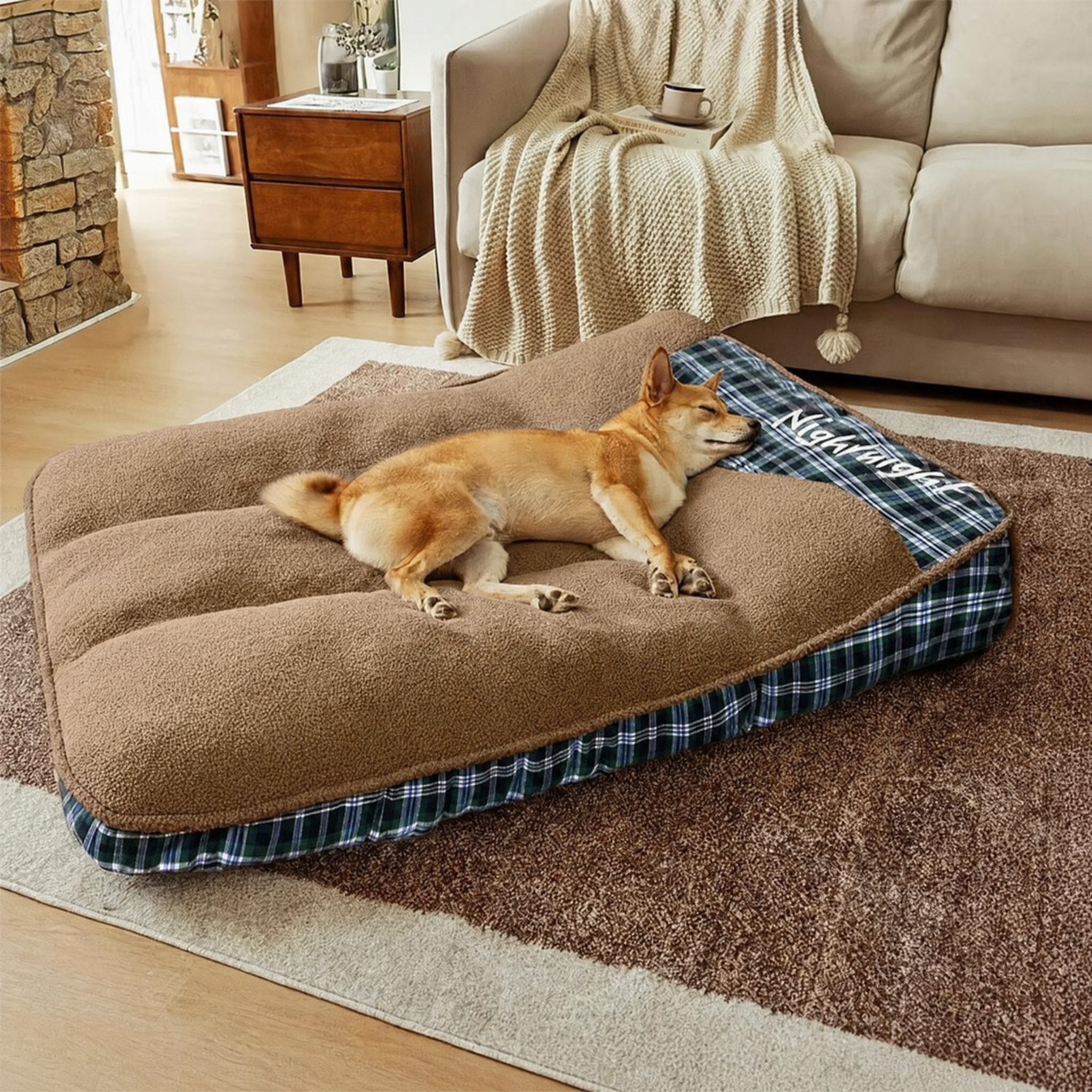 Extra Large Teddy Fleece Dog Bed | Washable Fluffy Rectangle Pet Bed