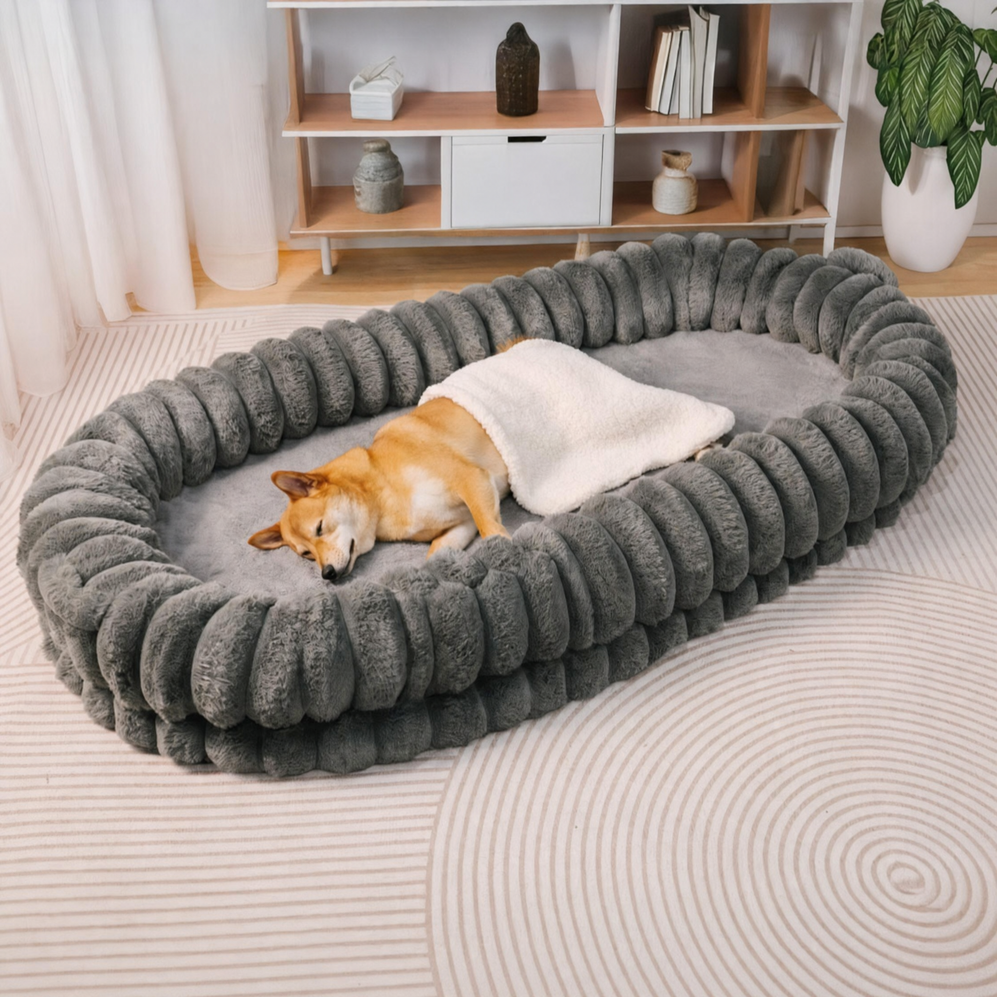 Unisex Plush Faux Fur Dog Bed | Spacious Cozy Cuddle Cradle