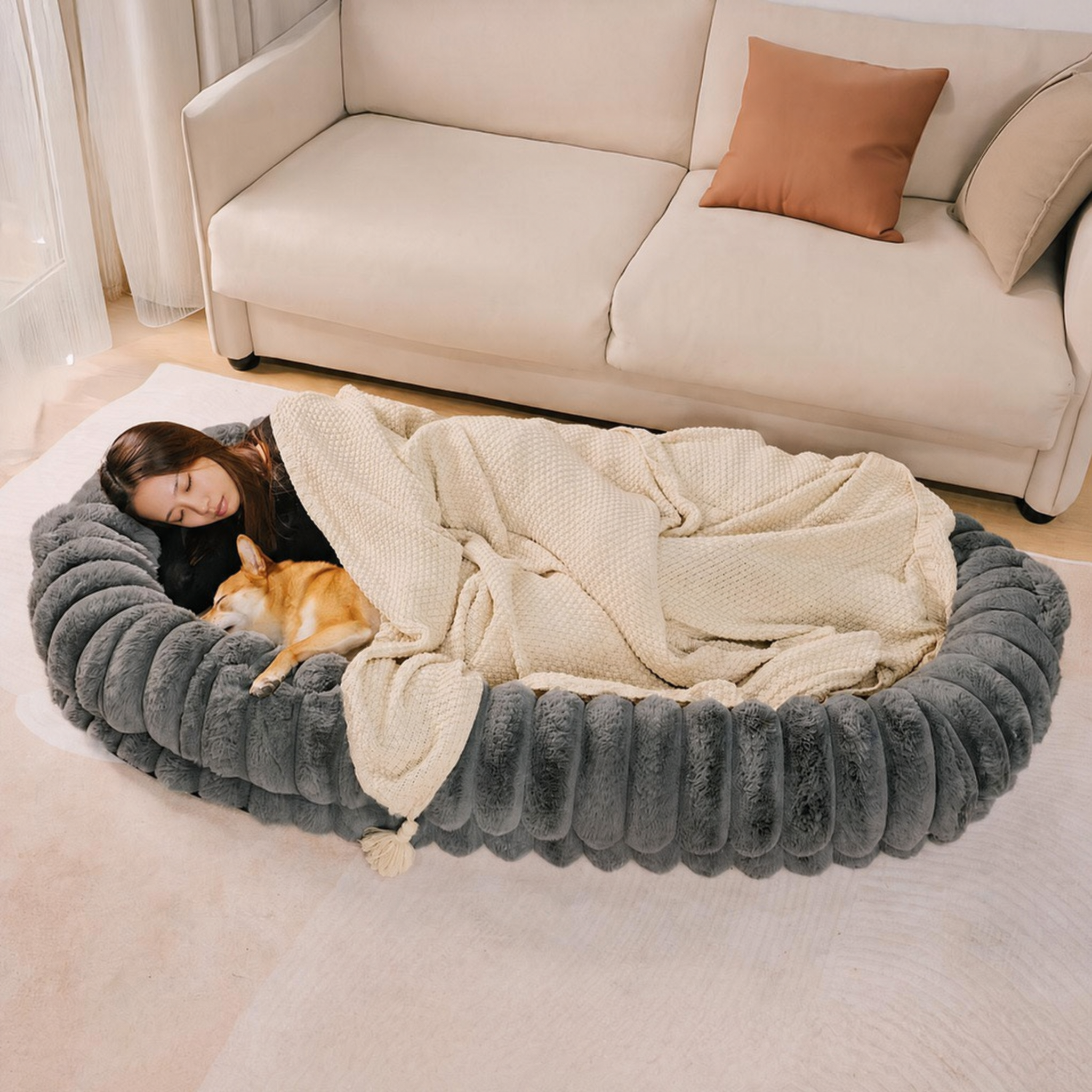 Unisex Plush Faux Fur Dog Bed | Spacious Cozy Cuddle Cradle