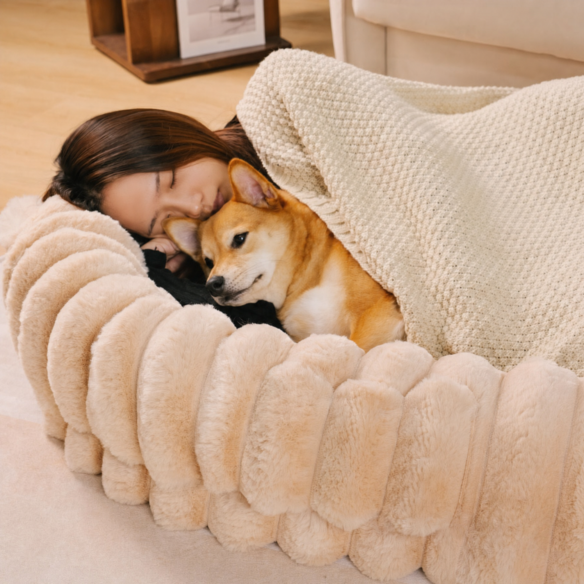 Unisex Plush Faux Fur Dog Bed | Spacious Cozy Cuddle Cradle