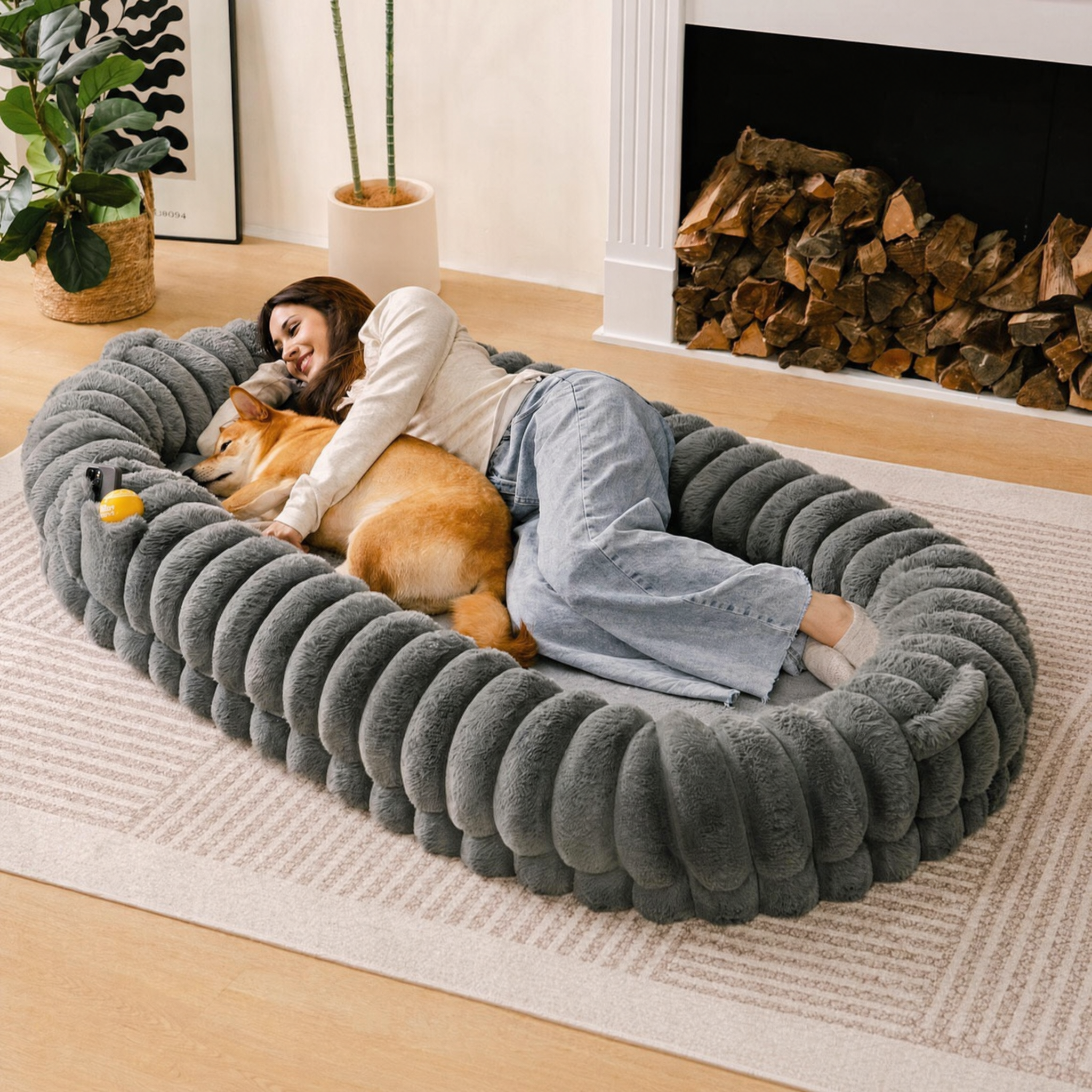 Unisex Plush Faux Fur Dog Bed | Spacious Cozy Cuddle Cradle