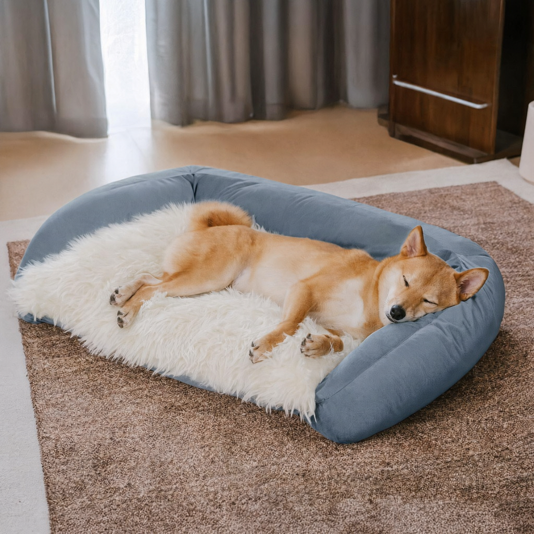Large Dog Bed | Plush Denim Cowboy Sofa | Cozy Bolster Design