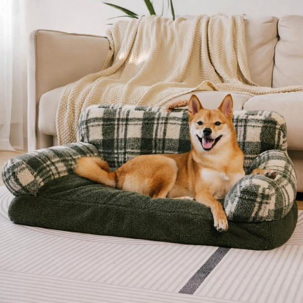 Pet's Cozy Teddy Fleece Sofa Bed | Vintage Checkered Design for Small-Medium Pets