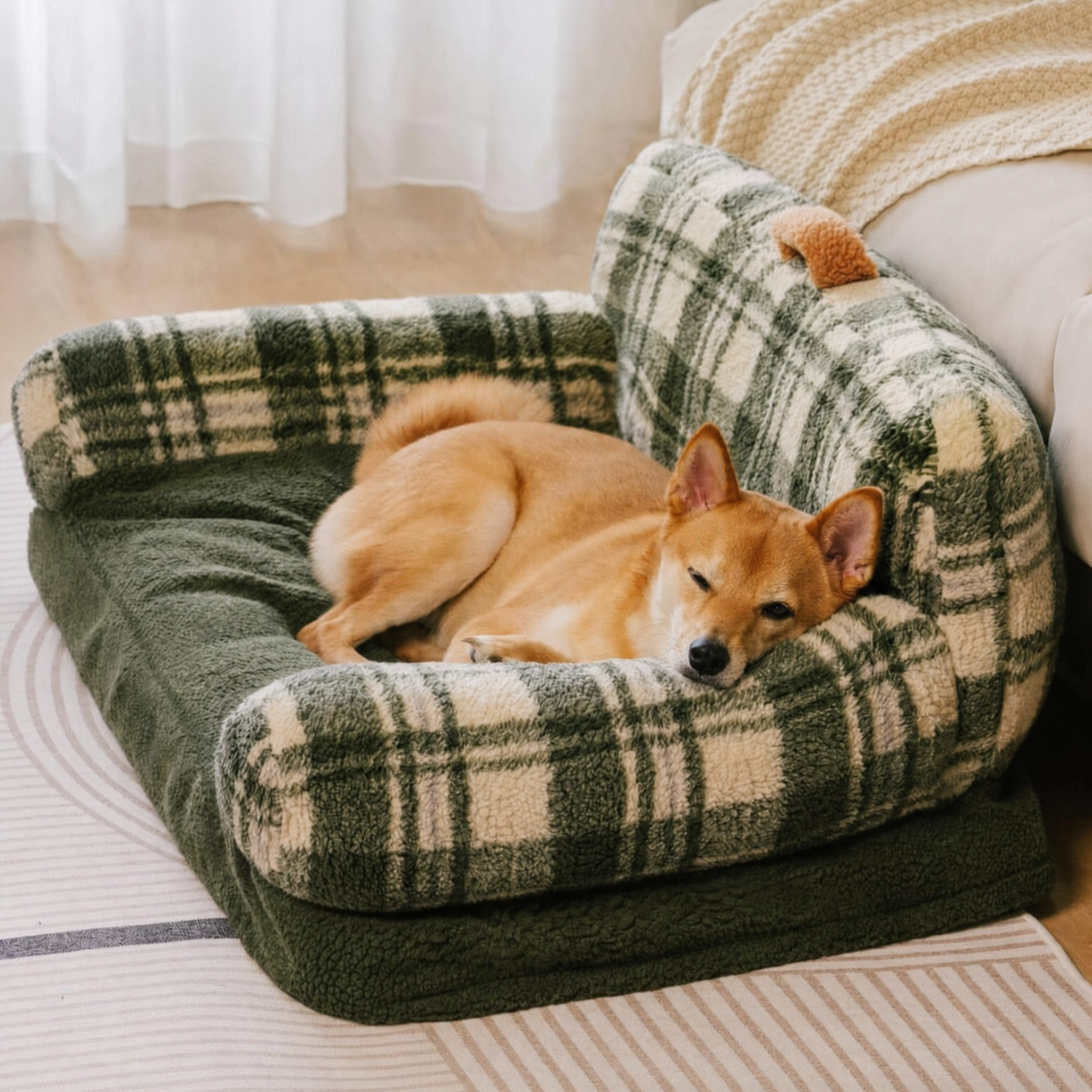 Pet's Cozy Teddy Fleece Sofa Bed | Vintage Checkered Design for Small-Medium Pets