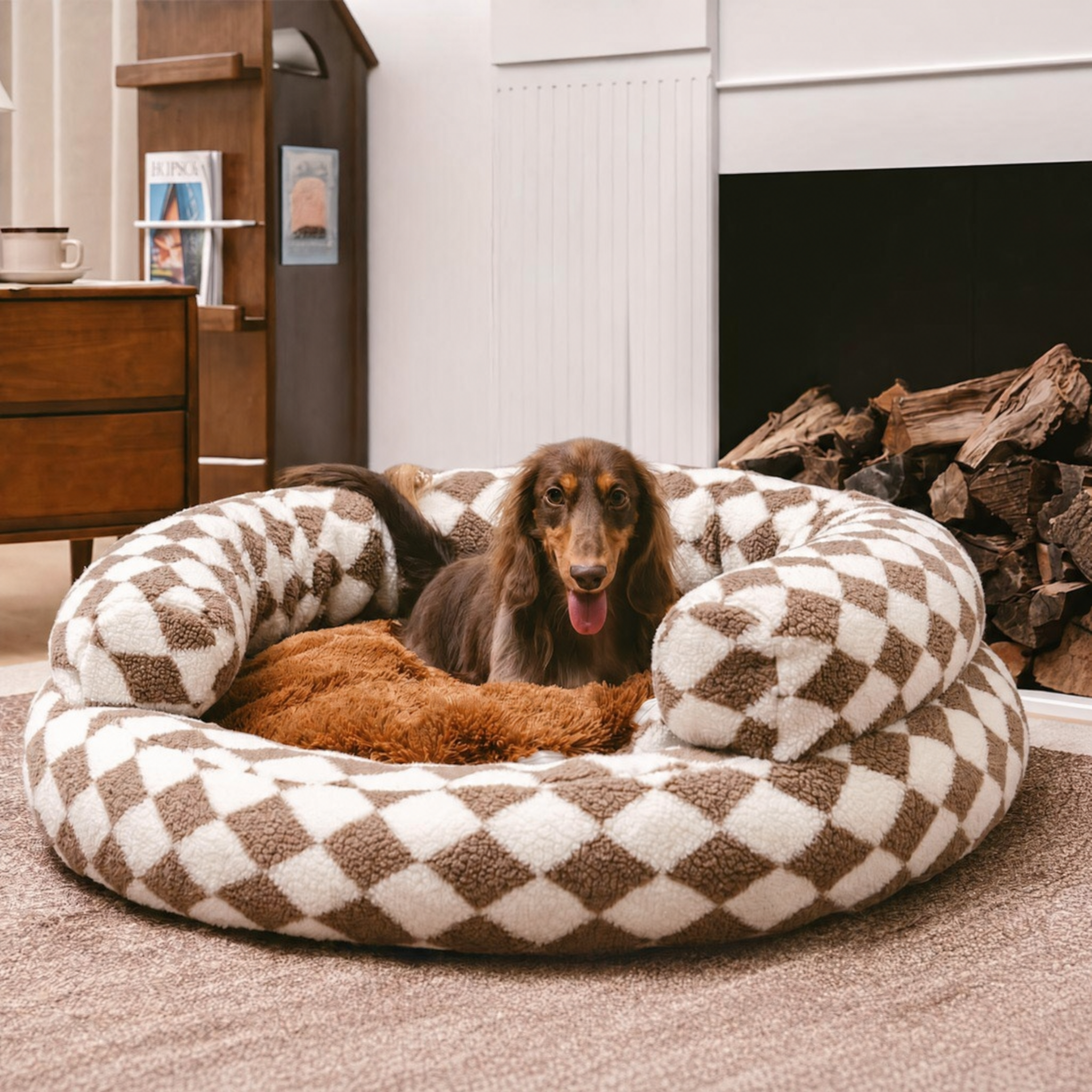 Pet's Cozy Faux Lambswool Dog Bed | Classic Argyle Design with Supportive Bolsters