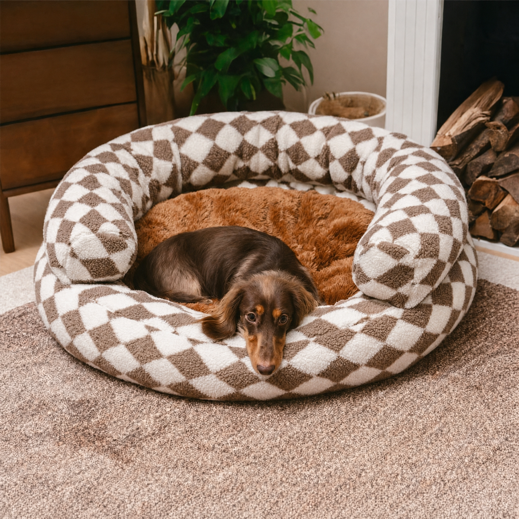 Pet's Cozy Faux Lambswool Dog Bed | Classic Argyle Design with Supportive Bolsters