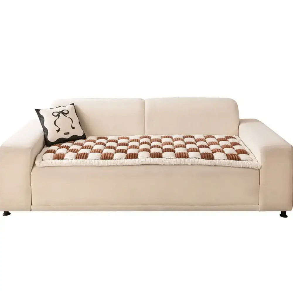 Cream-colored Large Plaid Square Fuzzy Pet Dog Mat Bed Comfy Couch Cover