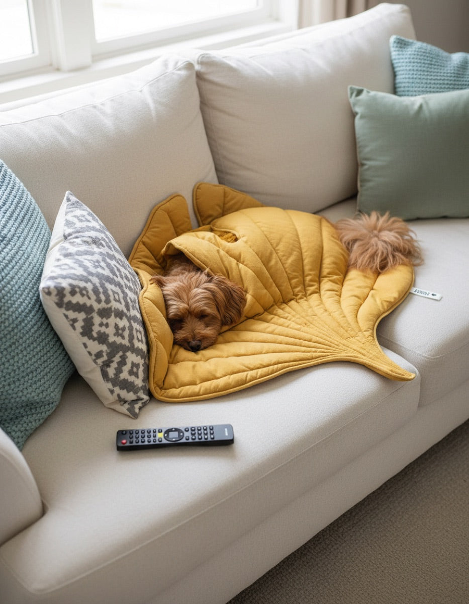 Small dog curled in fleece leaf blanket
