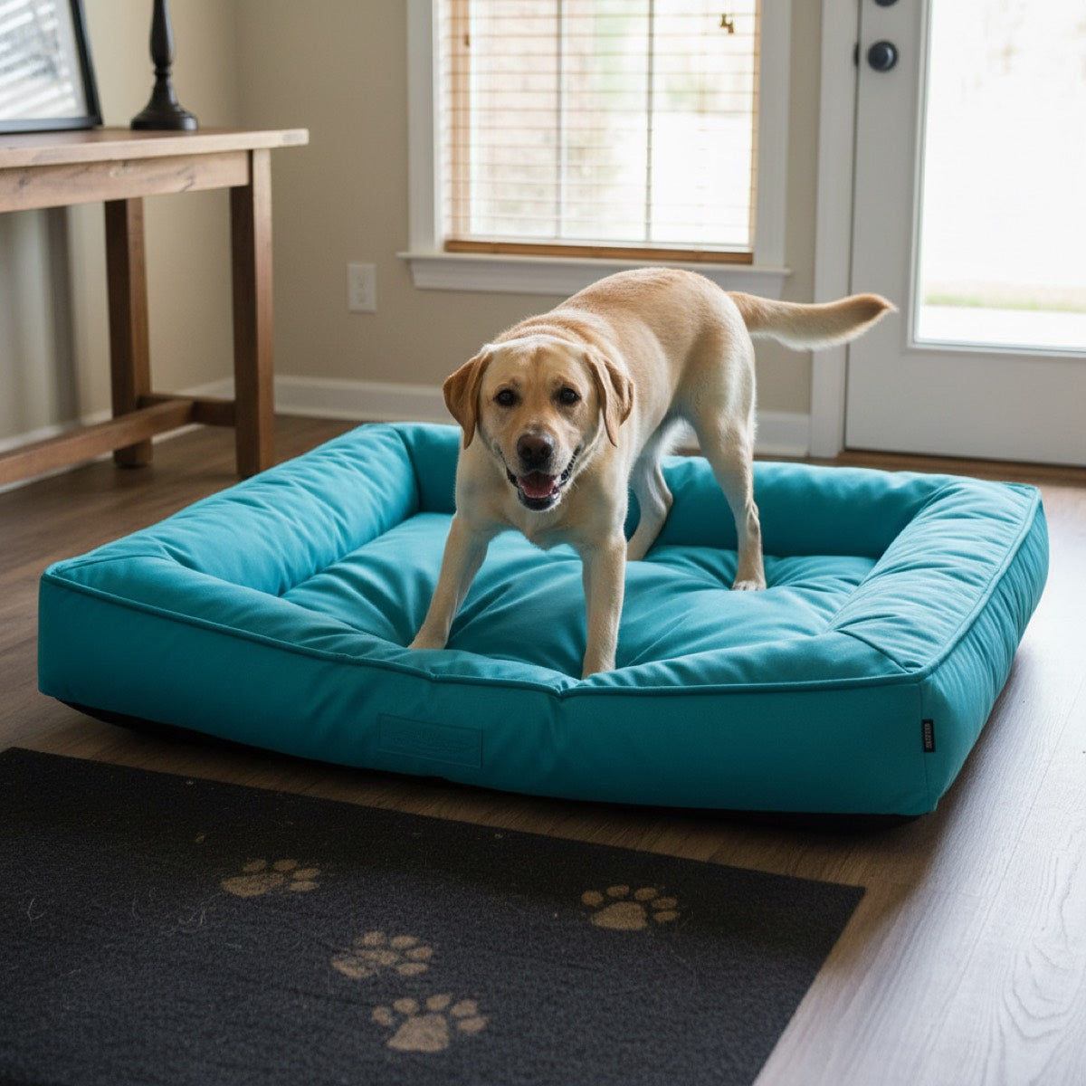 Labrador on large teal dog bed