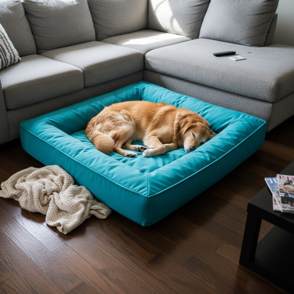 Golden retriever asleep on teal waterproof dog bed