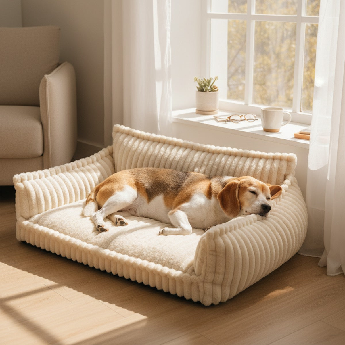 Senior beagle on plush orthopedic sofa bed