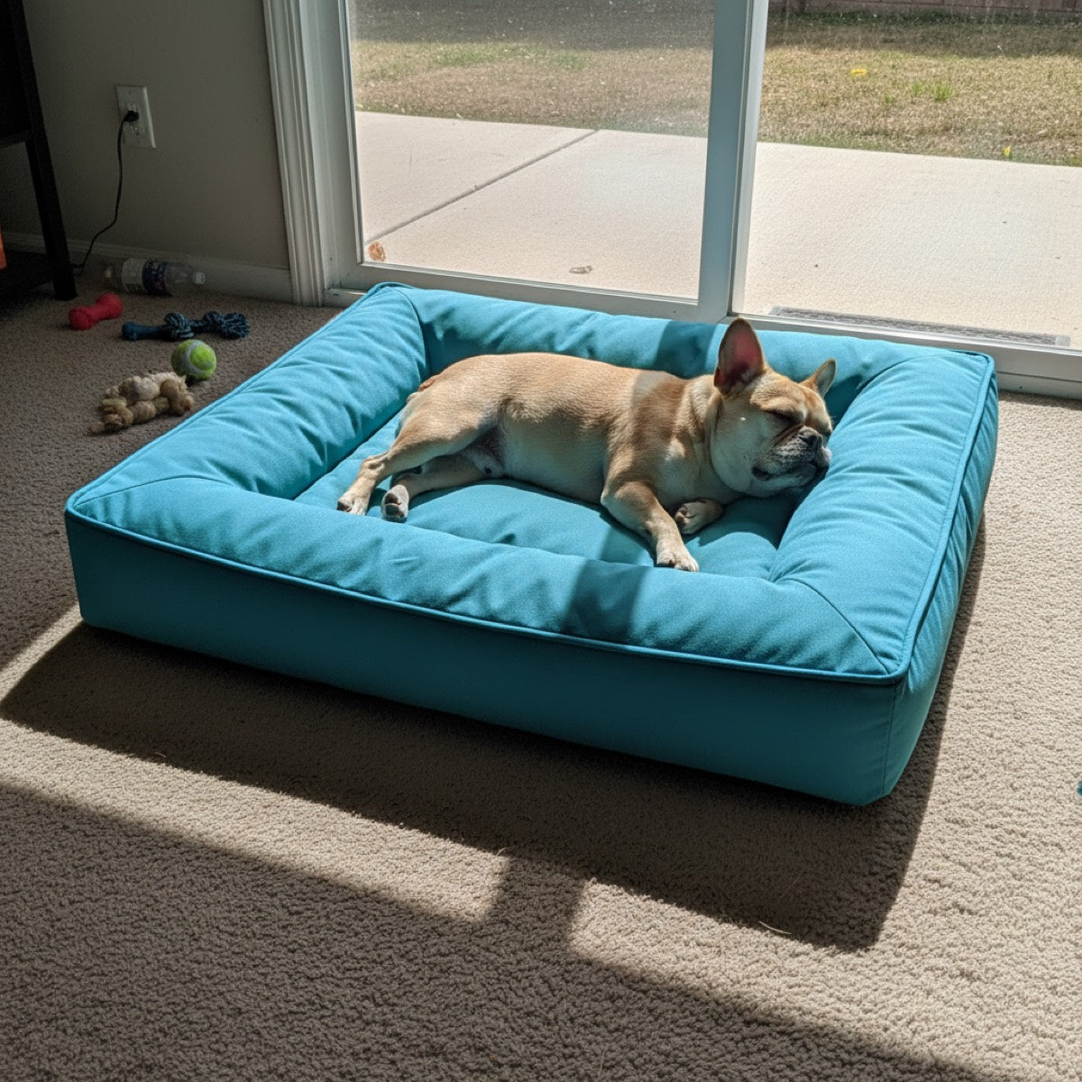 French bulldog on teal waterproof bed