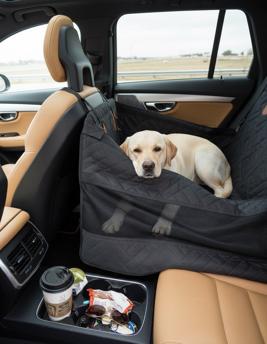 Lab on quilted car seat cover
