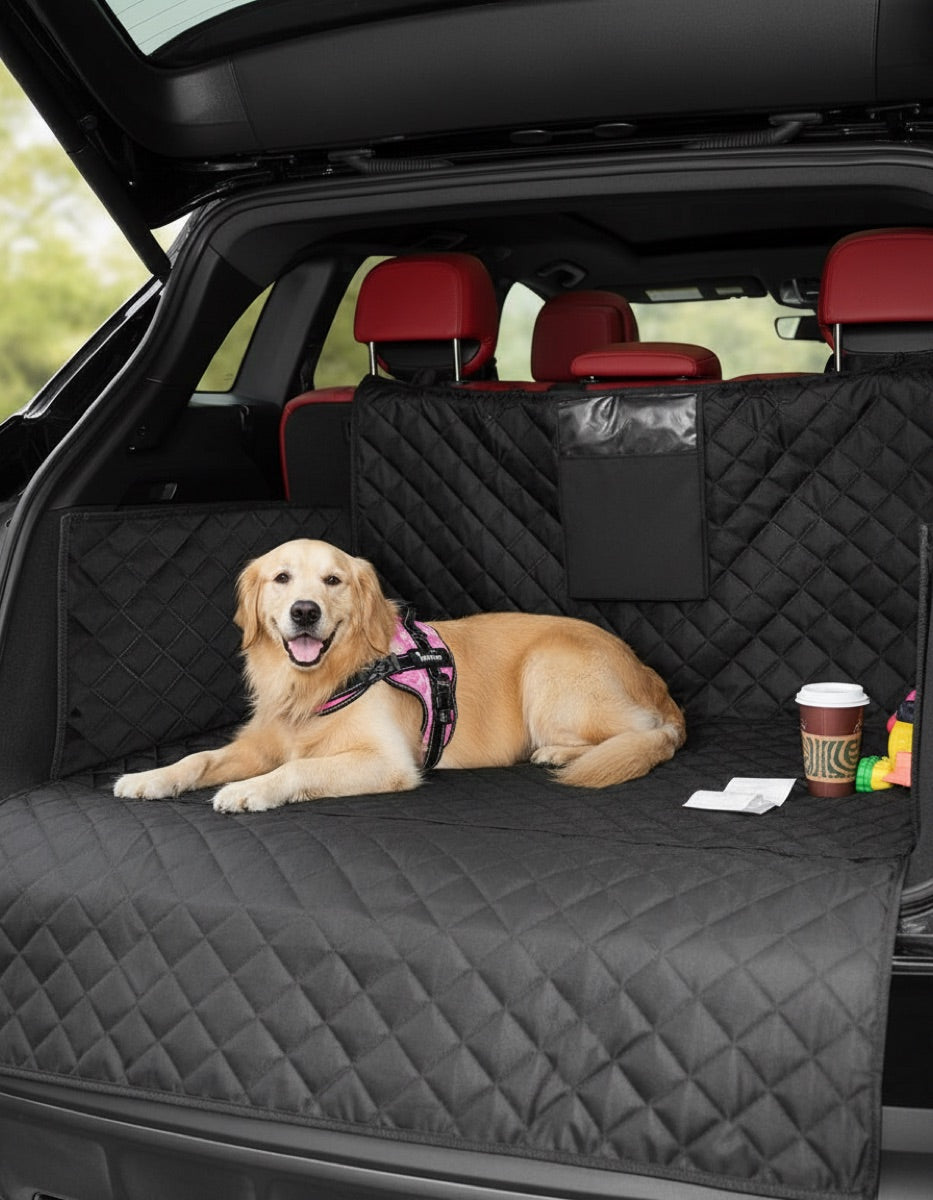 Golden retriever on trunk seat cover
