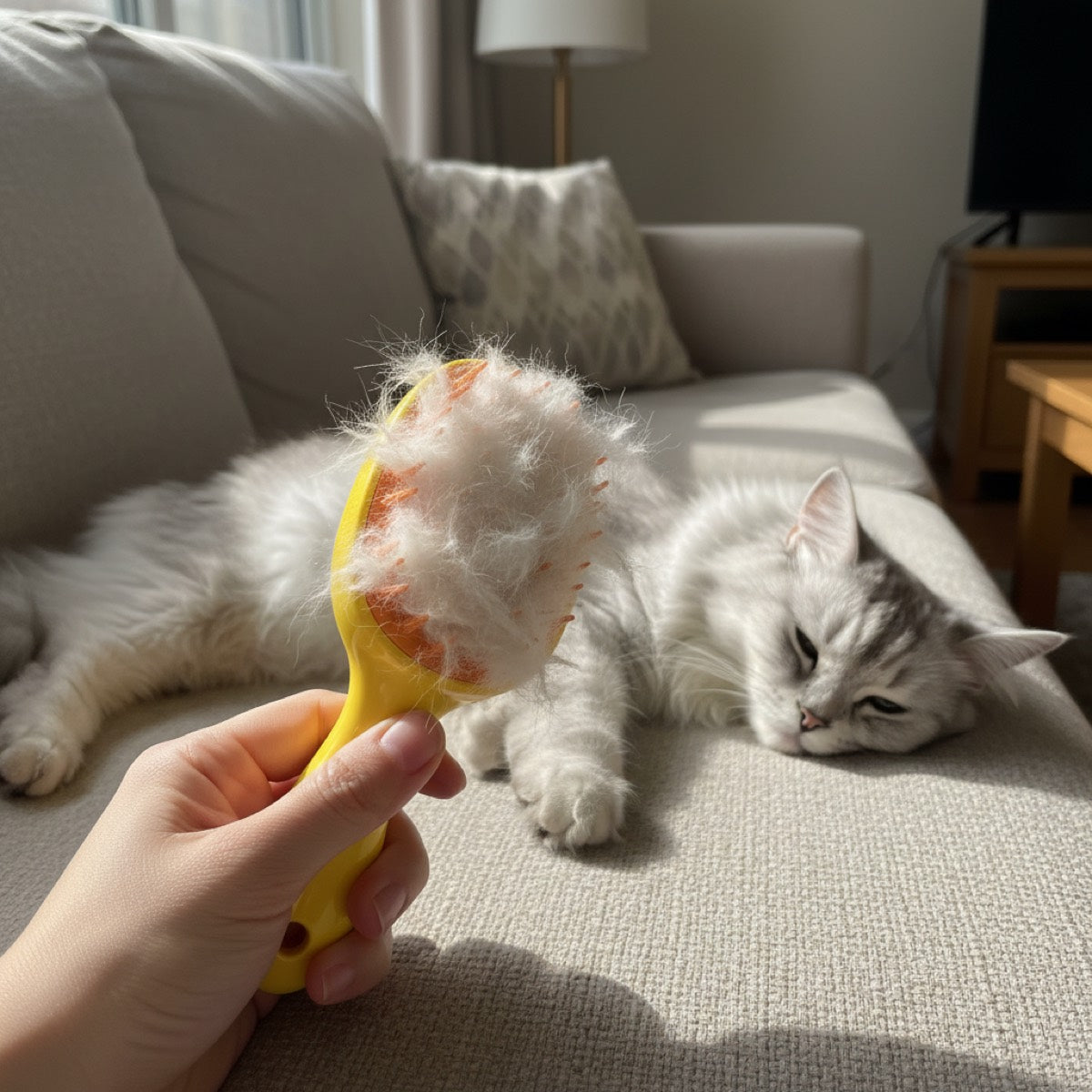 Grooming brush with cat fur