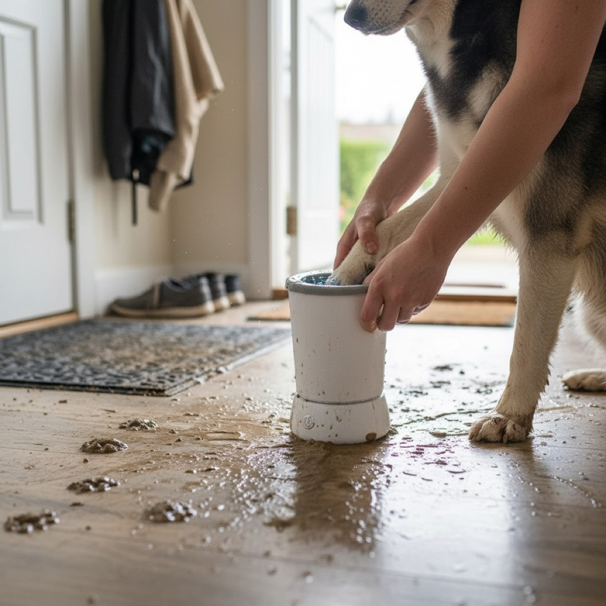 Dog paw cleaner at muddy entryway