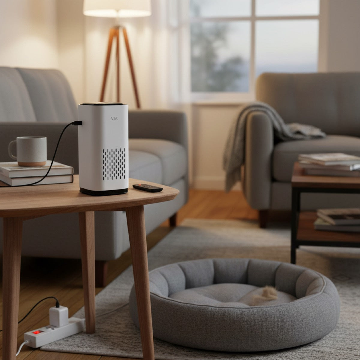 Compact pet air purifier on side table