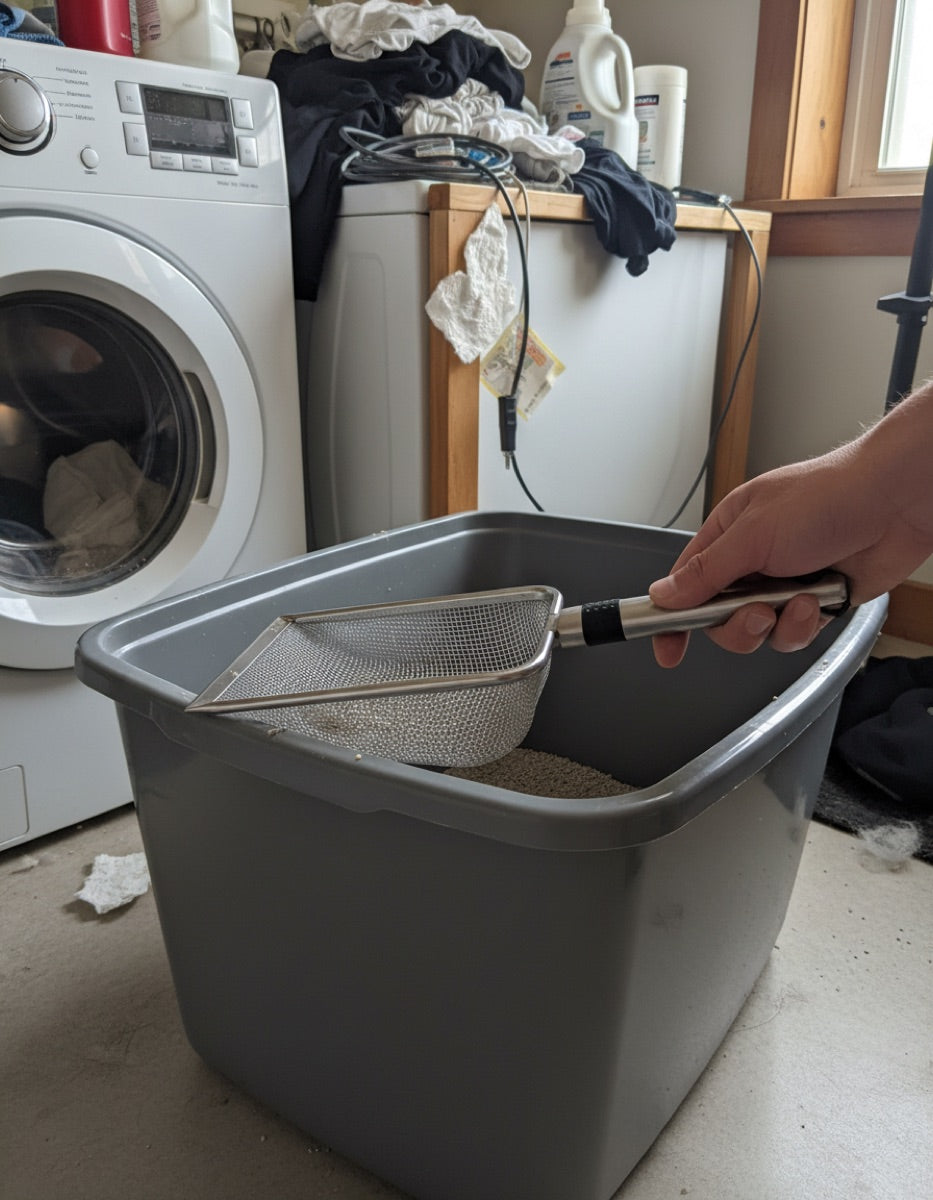 Stainless steel litter scoop in use