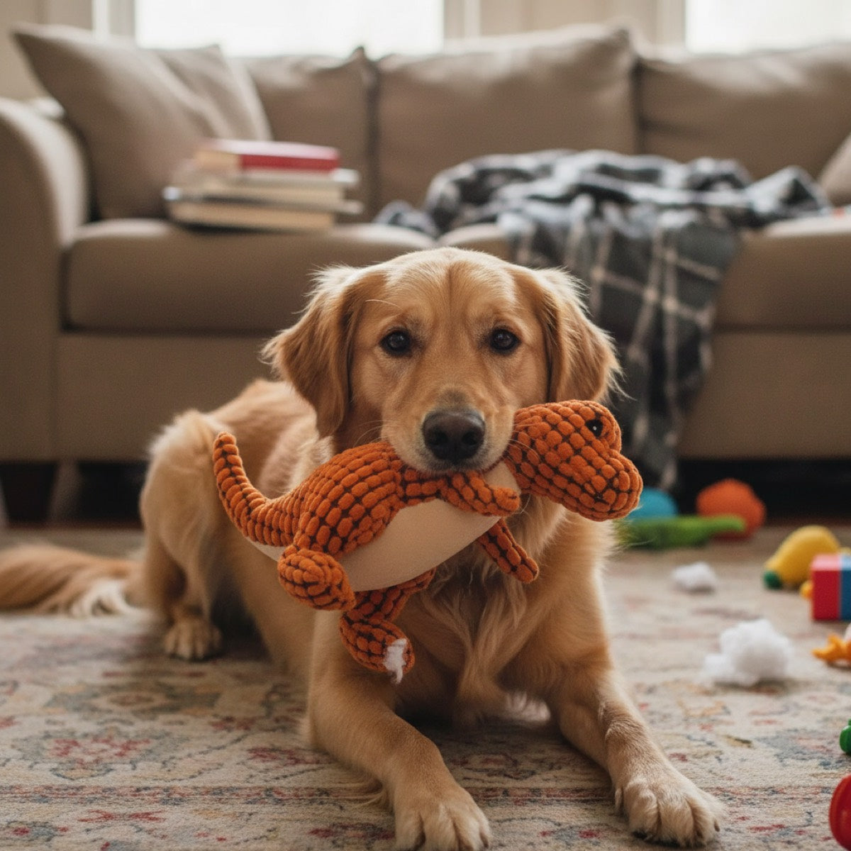 Golden retriever with dino plush toy