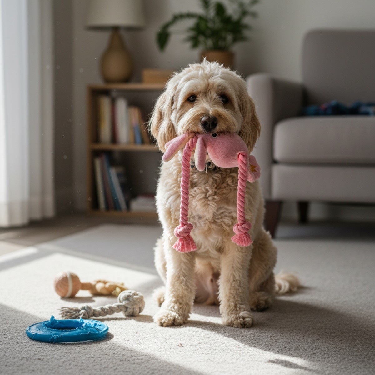 Dog holding pink octopus plush toy