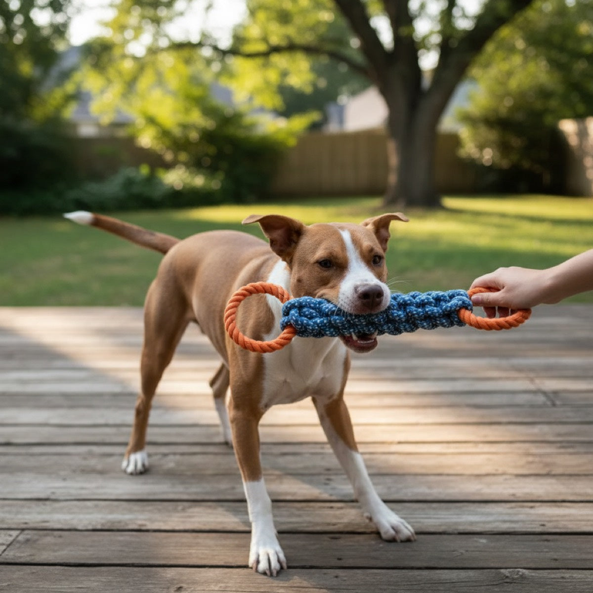 Dog playing tug with rope toy